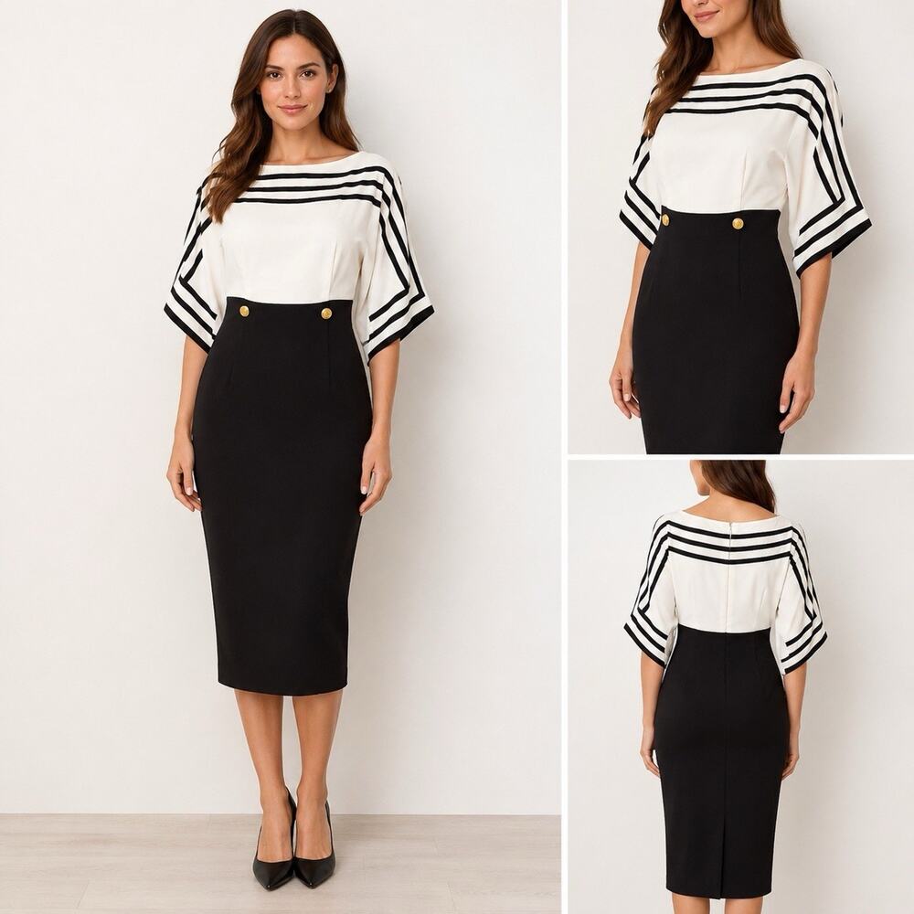 Fehaute Women’s US 6 Black White Striped Midi Pencil Dress NWT Nautical Career